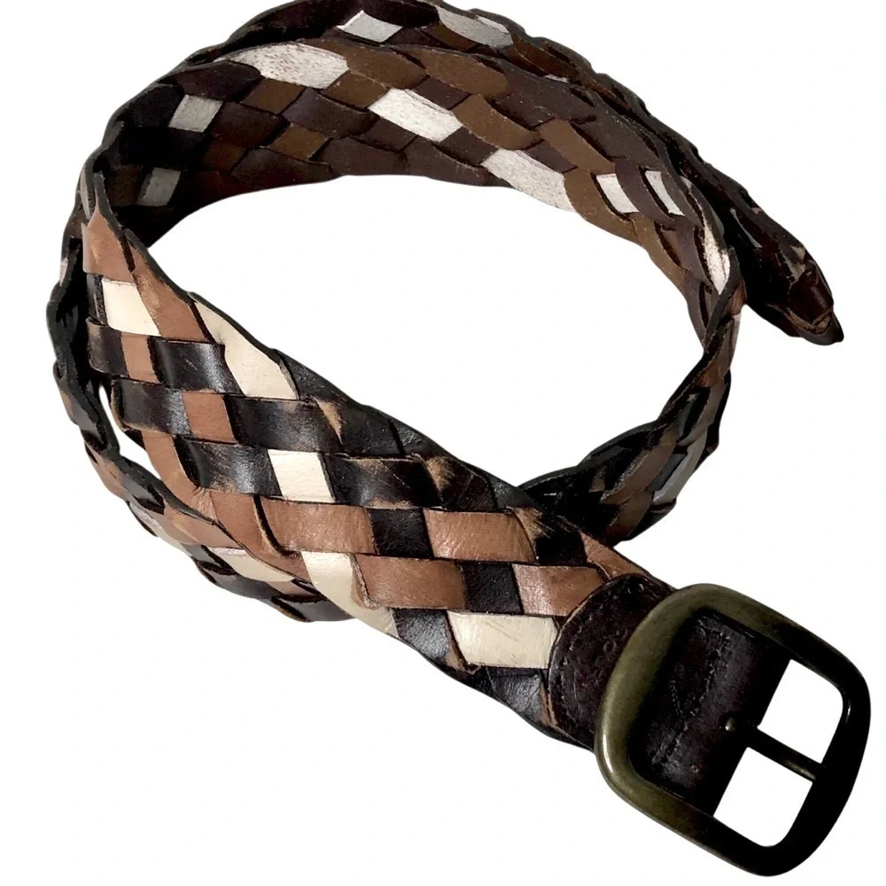 Y2K Rolfs Braided Wide Leather Belt XL Brown White Wide Boho Western Festival